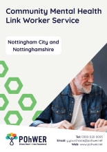 Front cover of the Mental Health Link Service Leaflet. Grey with a photo of an older man with a beard