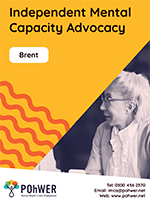 Cover of the Brent Independent Mental Capacity Advocacy Leaflet. It has a yellow background and a photo of a woman speaking