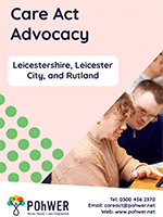 Front cover of the Leicester City, Leicestershire and Rutland Care Act Advocacy leaflet. It has a light pink background and a photo of a man and women looking at screen together.