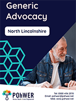  Cover of the North Lincolnshire Generic Advocacy Leaflet. Navy with a photo of an older man looking right and smiling.