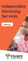 Cover of the Medway Independent Advocacy leaflet – it has an orange background and a photo of a young woman reaching out to touch someone who is out of view 