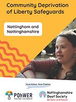 Front cover of Nottingham Community Deprivation of Liberty Safeguards. It has a yellow background and a photo of a women smiling.