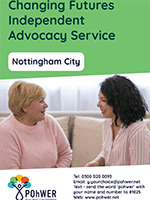 Cover of the Nottingham City Changing Futures Independent Advocacy Service leaflet. It has a photo of two women talking.
