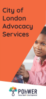 Cover of City of London Independent Advocacy leaflet - it has an orange background and a photo of a young woman reaching out to touch someone who is out of view