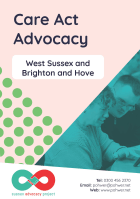 Cover of Sussex Advocacy Partnership Care Act Advocacy Leaflet – it has a light pink background and a photo of a man and a woman looking at a screen together