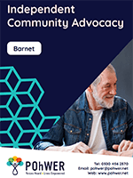 Cover of the Barnet Community Advocacy Leaflet. Navy with a photo of an older man looking right and smiling.