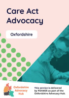 Cover of the Oxfordshire Advocacy Hub Care Act Advocacy Leaflet – it has a light pink background and a photo of a man and a woman looking at a screen together