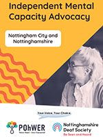 Cover of the Nottingham Independent Mental Capacity Advocacy Leaflet. It has a yellow background and a photo of a woman speaking