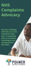 Cover of the NHS Complaints Advocacy Leaflet – it has a dark green background and a photo of a man in a white shirt shaking hands with another person who is out of view