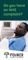 Cover of the Independent Health Complaints Advocacy Leaflet. The cover is dark green and has a photo of a man of colour laying in a hospital bed looking sad.