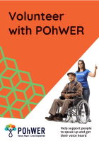Cover of the POhWER Volunteering leaflet – it has an orange background with a photo of a young woman standing closely behind a man who is in a wheelchair
