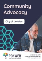 Cover of the City of London Community Advocacy Leaflet. Navy with a photo of an older man looking right and smiling.