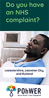 Cover of the Leicester City, Leicestershire and Rutland Independent Health Complaints Advocacy Leaflet. The cover is dark green and has a photo of a man laying in a hospital bed looking sad.
