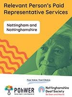 Cover of the Nottingham Relevant Person’s Paid Representative Advocacy Leaflet. It has a yellow background and a photo of a man looking deep in thought