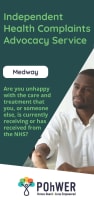 Cover of the Medway Independent Health Complaints Advocacy leaflet - it has a dark green background and a photo of a man in a white shirt shaking hands with another person who is out of view