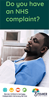 Cover of the Barnet, Enfield and Haringey NHS Health Complaints Advocacy Leaflet. The cover is dark green and has a photo of a man laying in a hospital bed looking sad.