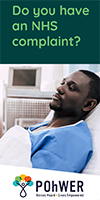 Cover of the Hertfordshire NHS Health Complaints Advocacy Leaflet. The cover is dark green and has a photo of a man laying in a hospital bed looking sad.
