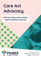 Front cover of the Barnet Care Act Advocacy Leaflet. This leaflet is pale pink with a photo of a woman helping a man with a learning disability. Together they are looking at a tablet computer screen.