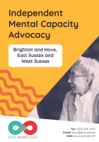 Cover of the Sussex Advocacy Partnership Independent Mental Capacity Advocacy Leaflet - it has a yellow background and a photo of a woman speaking