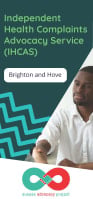 Cover of Sussex Advocacy Partnership Independent Health Complaints Advocacy Service leaflet - it has a dark green background and a photo of a man in a white shirt shaking hands with another person who is out of view
