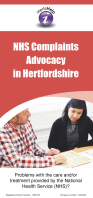 Cover of the POhWER Hertfordshire NHS Complaints Advocacy Leaflet – it has a red background and a photo of a man and woman in conversation sat next to each other