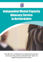 Cover of the POhWER Hertfordshire IMCA Leaflet; it has a turquoise background and a photo of a young man talking to a woman