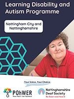 Photo of Nottingham Learning Disability and Autism Programme leaflet. It has a dark blue background with a women wearing a red t-shit.