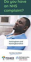 Cover of the Nottingham Independent Health Complaints Advocacy Leaflet. The cover is dark green and has a photo of a man laying in a hospital bed looking sad.
