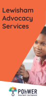 Cover of Lewisham Advocacy Services Leaflet - it has an orange background and a photo of a young woman reaching out to touch someone who is out of view