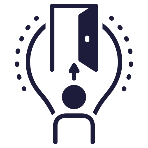An icon showing a light bulb with a person as the holder and an open door at the top representing opportunity