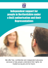 Cover of the Hertfordshire Independent support for people in Hertfordshire under a DoLS authorisation and their Representatives leaflet. It is Turquoise with a photo of a woman talking to a male advocate