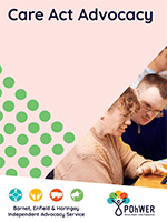 Cover of the Barnet, Enfield and Haringey Care Act Advocacy Leaflet. It has a light pink background and a photo of a man and women looking at screen together.