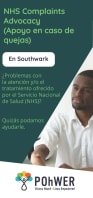 Cover of the Southwark NHS Complaints Advocacy Leaflet in spanish – it has a dark green background and a photo of a man in a white shirt shaking hands with another person who is out of view