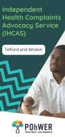 Cover of the Telford and Wrekin Independent Health Complaints Advocacy leaflet - it has a dark green background and a photo of a man in a white shirt shaking hands with another person who is out of view