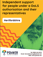 Cover of the Hertfordshire DoLS leaflet – it has a yellow background and a photo of a man of colour with a large white beard