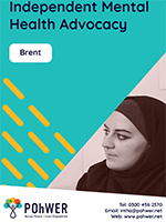 Cover of the Brent Independent Mental Health Advocacy Leaflet. It has blue background and a photo of a woman wearing a hijab