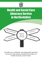 Cover of POhWER Hertfordshire Health and Social Care Advocacy Leaflet – it has a green background and an image of a signpost 