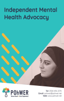Front Cover of the Independent Mental Health Advocacy Leaflet. This leaflet is a turquoise blue with a photo of a woman who wearing a hijab and listening