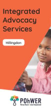 Front cover of the Hillingdon Integrated Advocacy leaflet. This leaflet is Orange and features a photograph of a woman putting her hand on the shoulder of another person to comfort them 