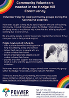 Community Volunteers needed in the Hodge Hill Constituency poster - dark blue background with a photo of a young woman and an older woman in conversation. Featuring rainbow motifs in the corners.
