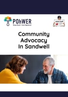 Cover of the Sandwell Community Advocacy leaflet in EasyRead – it has a white background and a photo of a woman in a yellow top talking to a bearded middle-aged man