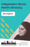 Cover of the Birmingham Advocacy Hub Independent Mental Health Advocacy Leaflet - it has a blue background and a photo of a woman listening