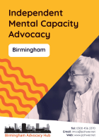 Cover of the Birmingham Advocacy Hub Independent Mental Capacity Advocacy Leaflet - it has a yellow background and a photo of a woman speaking