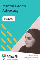 Cover of the Medway Independent Mental Health Advocacy Leaflet - it has a blue background and a photo of a woman listening