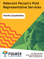 Cover of the North Lincolnshire Relevant Person’s Paid Representative Services leaflet – it has a yellow background and a photo of a man looking deep in thought