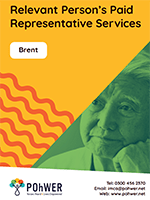 Cover of the Brent Relevant Person’s Paid Representative Advocacy Leaflet. It has a yellow background and a photo of a man looking deep in thought