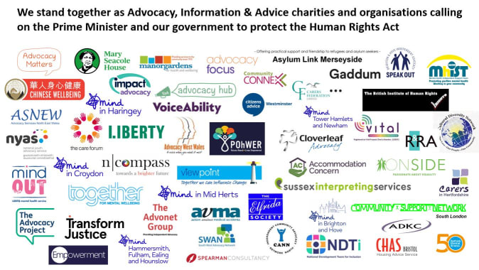 Logos of Advocacy, Information & Advice Charities calling on the Prime Minister and our government to protect the Human Rights Act