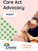 Front cover of the Walsall Care Act Advocacy leaflet. It has a light pink background and a photo of a man and women looking at screen together.