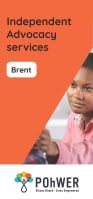 Cover of the Brent Independent Advocacy Service Leaflet. It has an orange background and a photo of a woman comforting someone