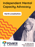 Cover of the North Lincolnshire Independent Mental Capacity Advocacy Leaflet - it has a yellow background and a photo of a woman speaking